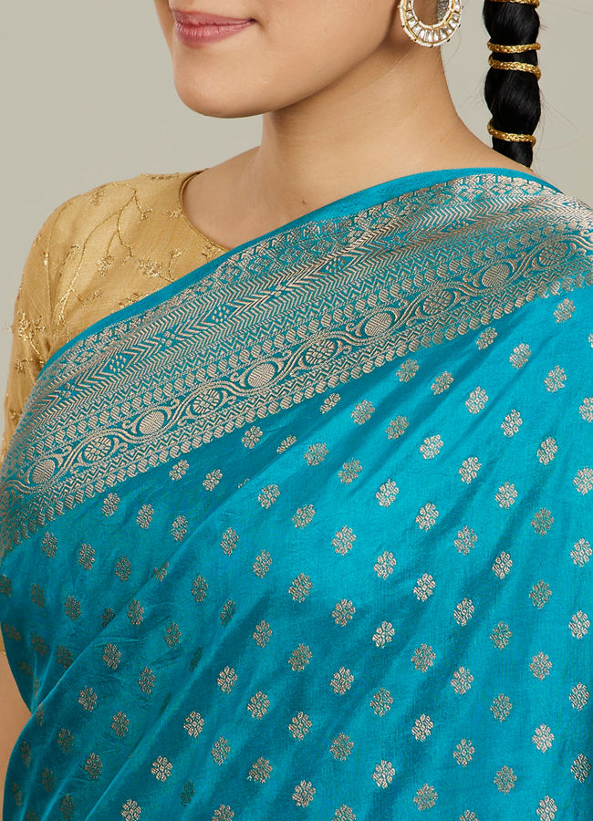 Mohey Women Teal Blue Buta Patterned Saree with Intricate Borders