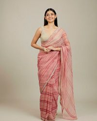 Mohey Women Coral Pink Diagonal Striped Saree with Cutdana And Sequin Work