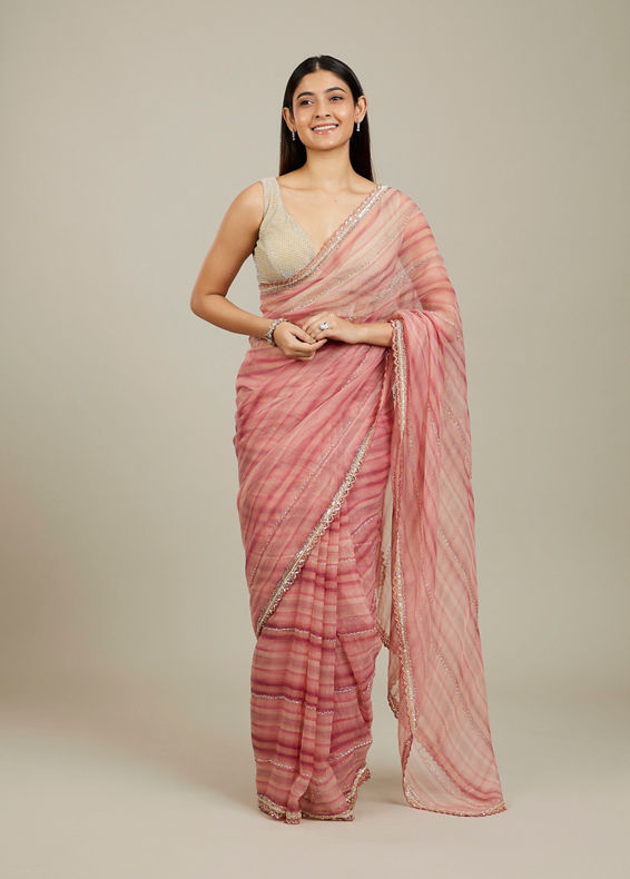 Mohey Women Coral Pink Diagonal Striped Saree with Cutdana and Sequin Work