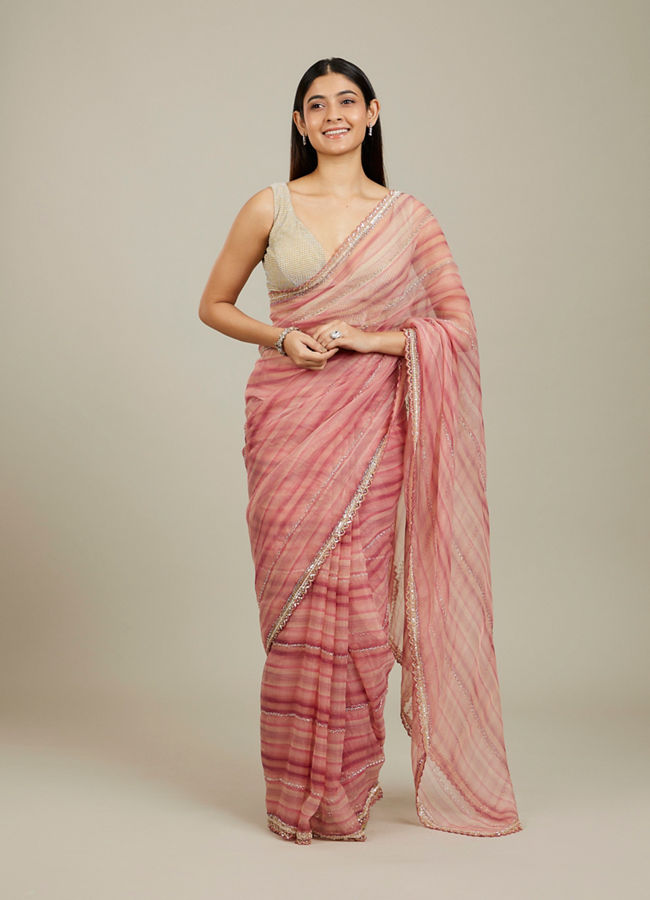 Mohey Women Coral Pink Diagonal Striped Saree with Cutdana and Sequin Work image number 0