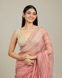 Mohey Women Coral Pink Diagonal Striped Saree with Cutdana and Sequin Work