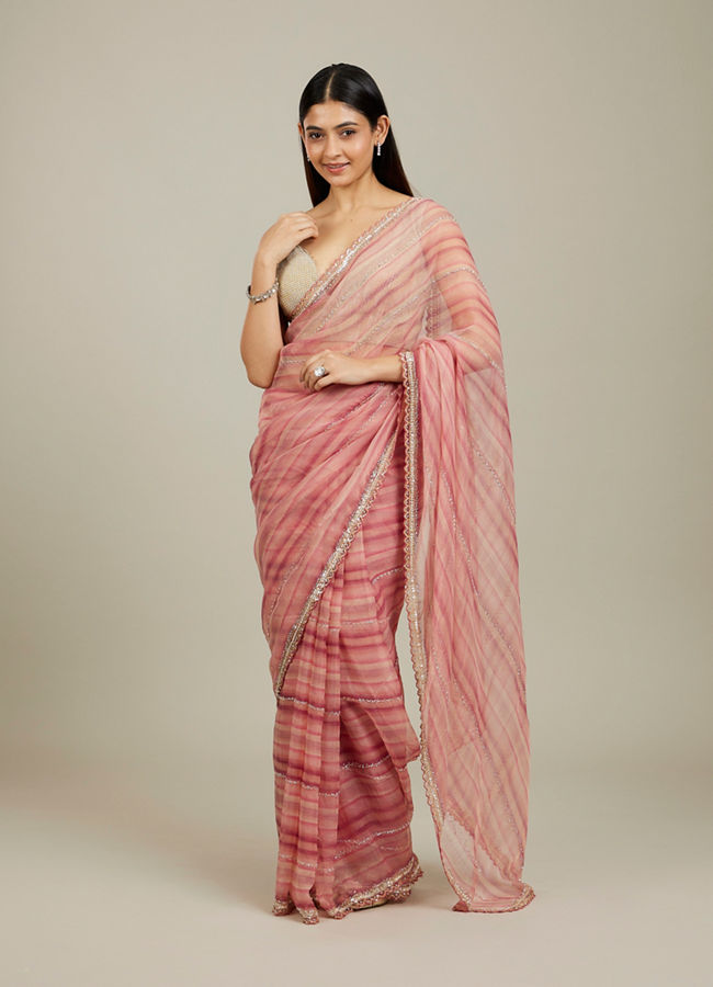 Mohey Women Coral Pink Diagonal Striped Saree with Cutdana and Sequin Work image number 2