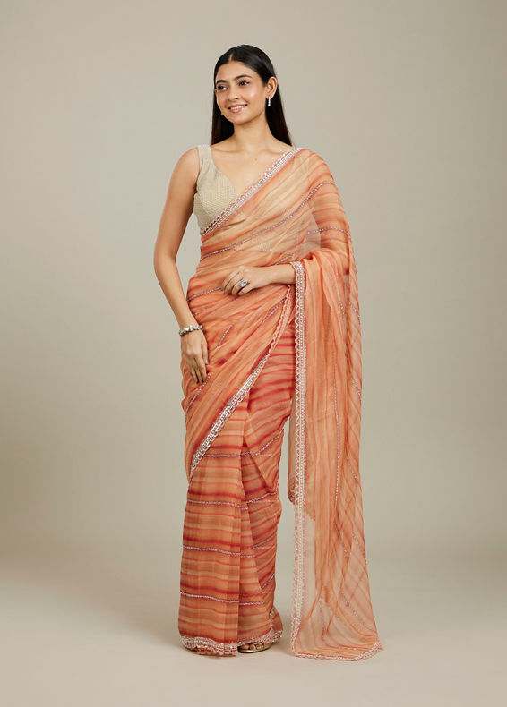 Mohey Women Rust Red Diagonal Striped Saree with Cutdana And Sequin Work