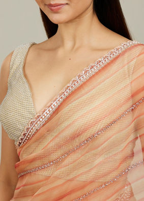 Mohey Women Rust Red Diagonal Striped Saree with Cutdana and Sequin Work image number 3