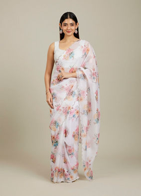 Mohey Women Snow White Floral Printed Saree with Scalloped Rhinestone Borders