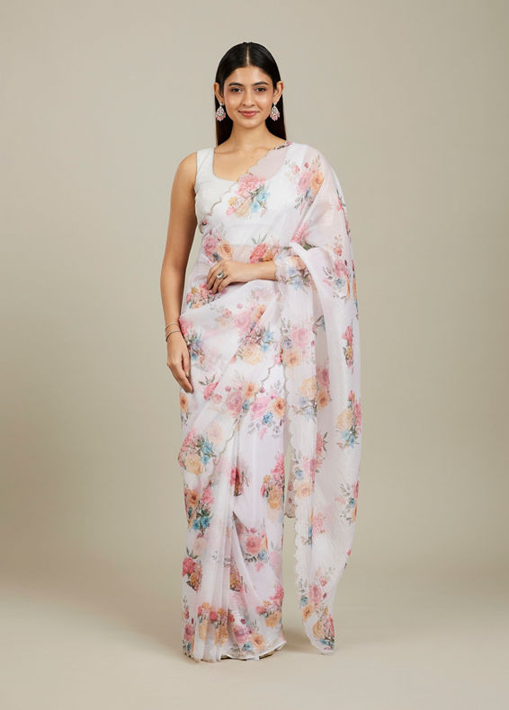 Mohey Women Snow White Floral Printed Saree with Scalloped Rhinestone Borders