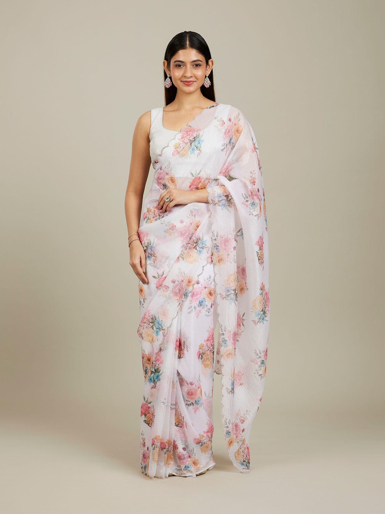 Mohey Women Snow White Floral Printed Saree with Scalloped Rhinestone Borders