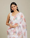 Mohey Women Snow White Floral Printed Saree with Scalloped Rhinestone Borders