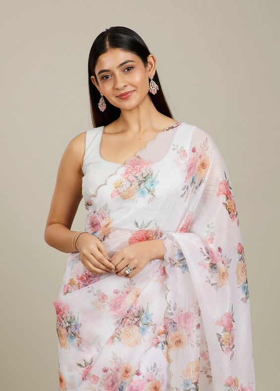 Mohey Women Snow White Floral Printed Saree with Scalloped Rhinestone Borders