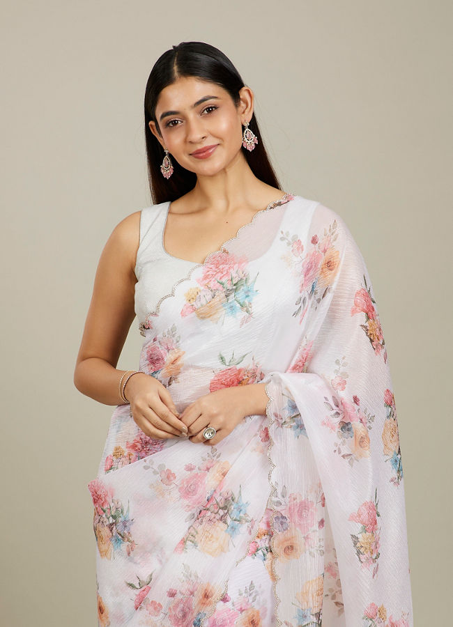 Mohey Women Snow White Floral Printed Saree with Scalloped Rhinestone Borders