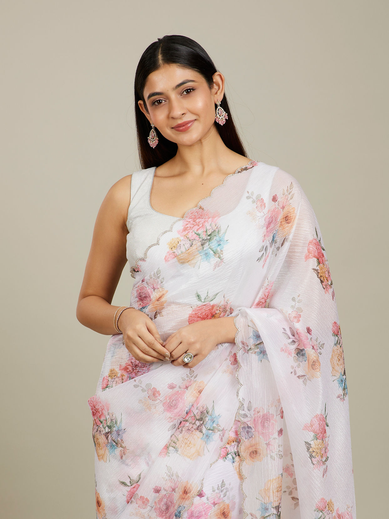 Mohey Women Snow White Floral Printed Saree with Scalloped Rhinestone Borders