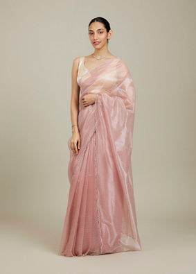 Mohey Women Baby Pink Rhinestone Embellished Saree with Stone Border image number 0