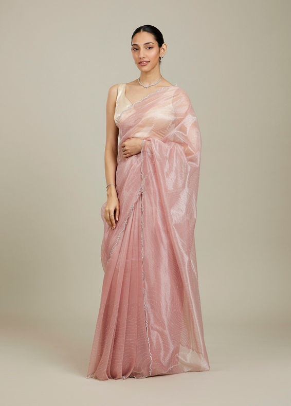 Mohey Women Baby Pink Rhinestone Embellished Saree with Stone Border