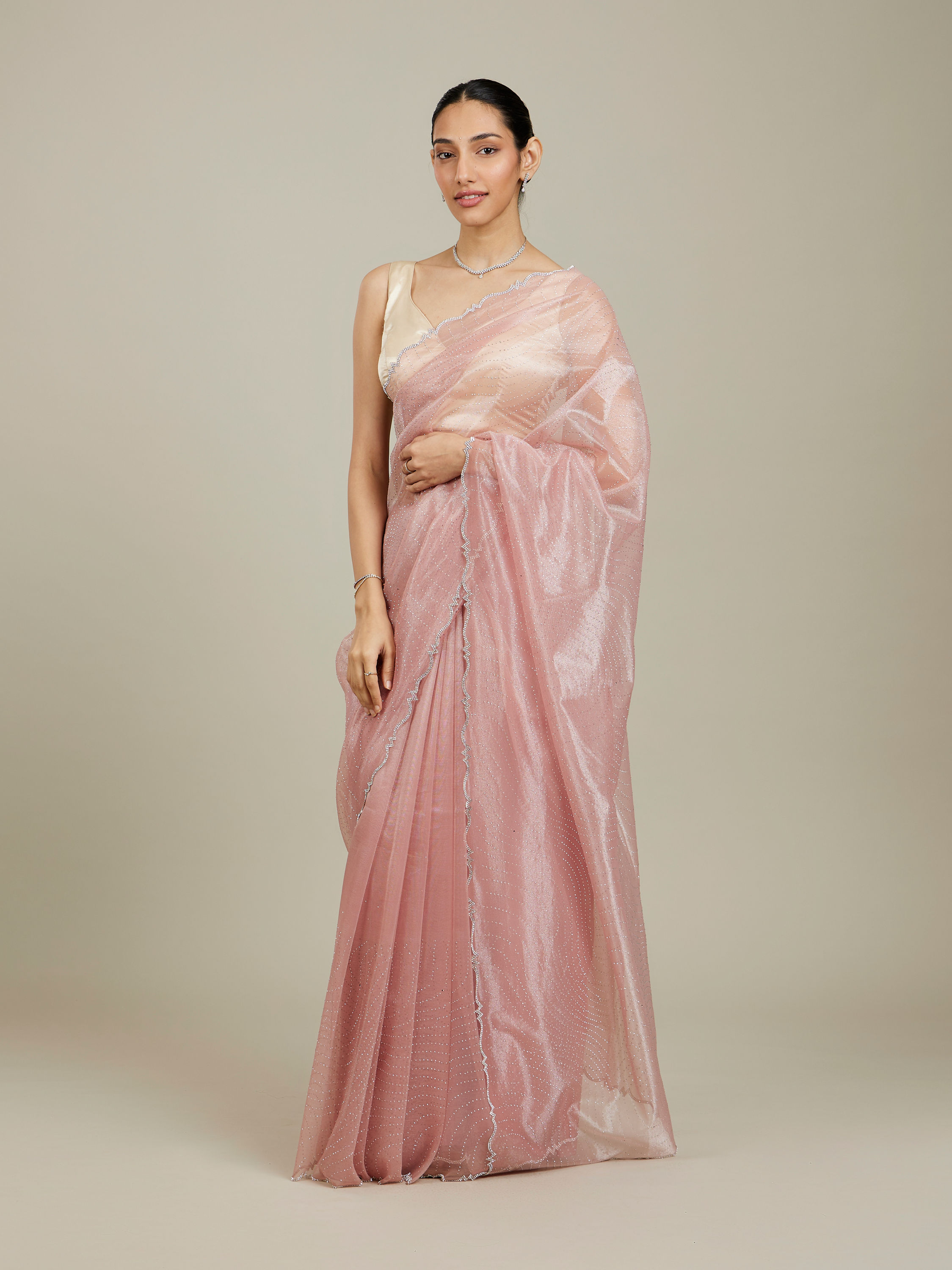 Mohey Women Baby Pink Rhinestone Embellished Saree with Stone Border