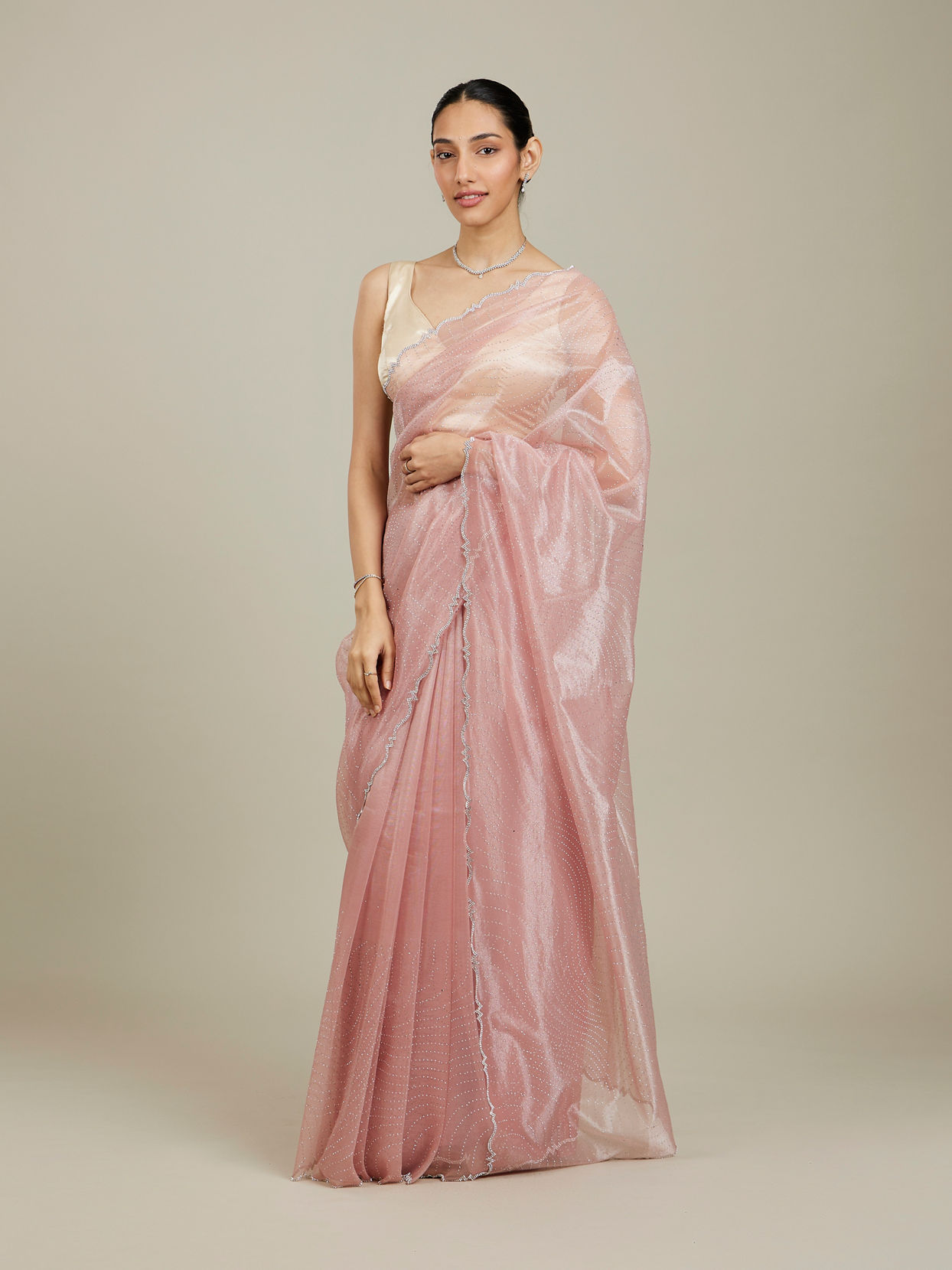 Mohey Women Baby Pink Rhinestone Embellished Saree with Stone Border