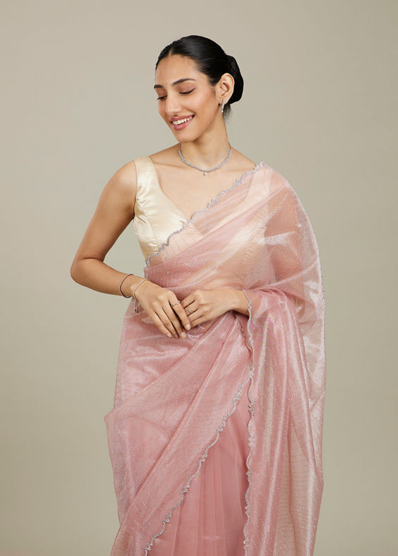 Mohey Women Baby Pink Rhinestone Embellished Saree with Stone Border