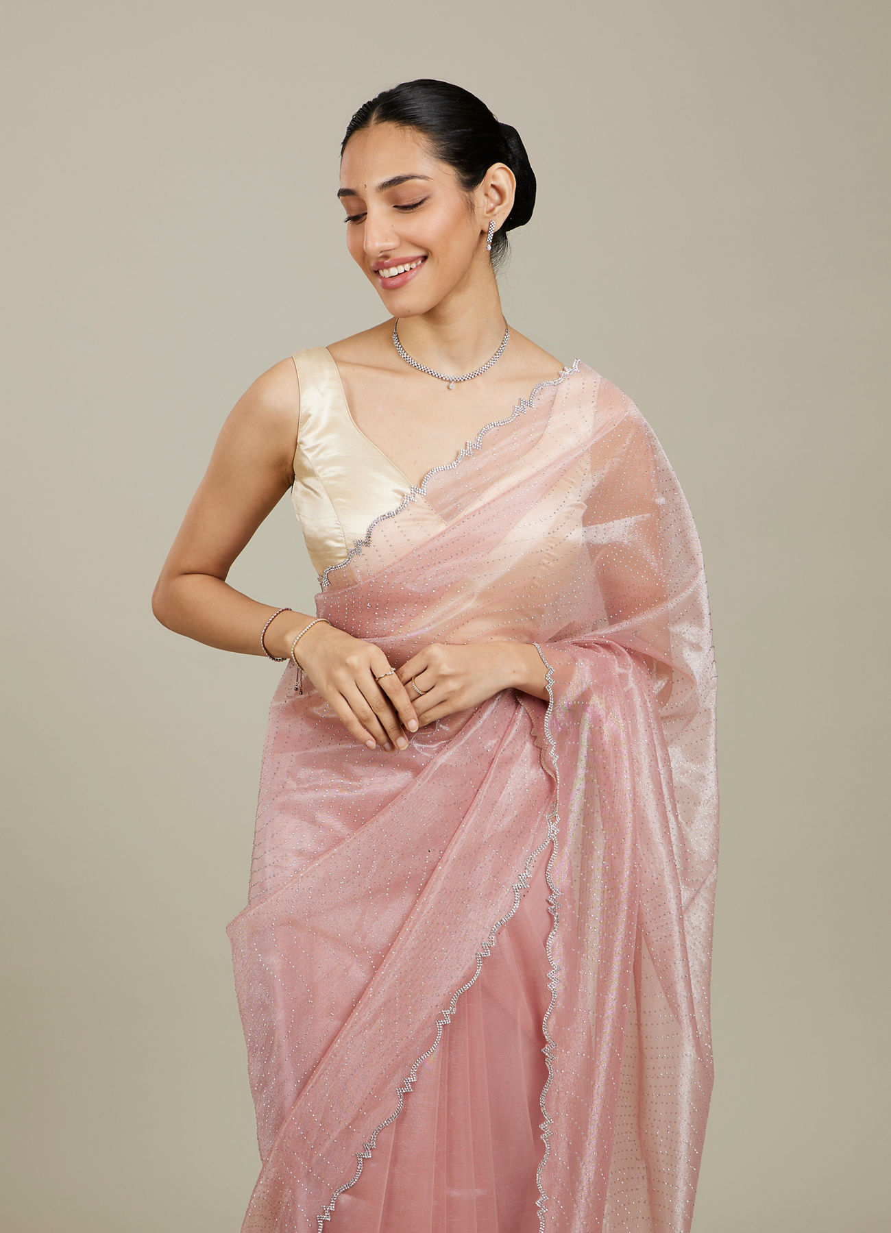 Mohey Women Baby Pink Rhinestone Embellished Saree with Stone Border