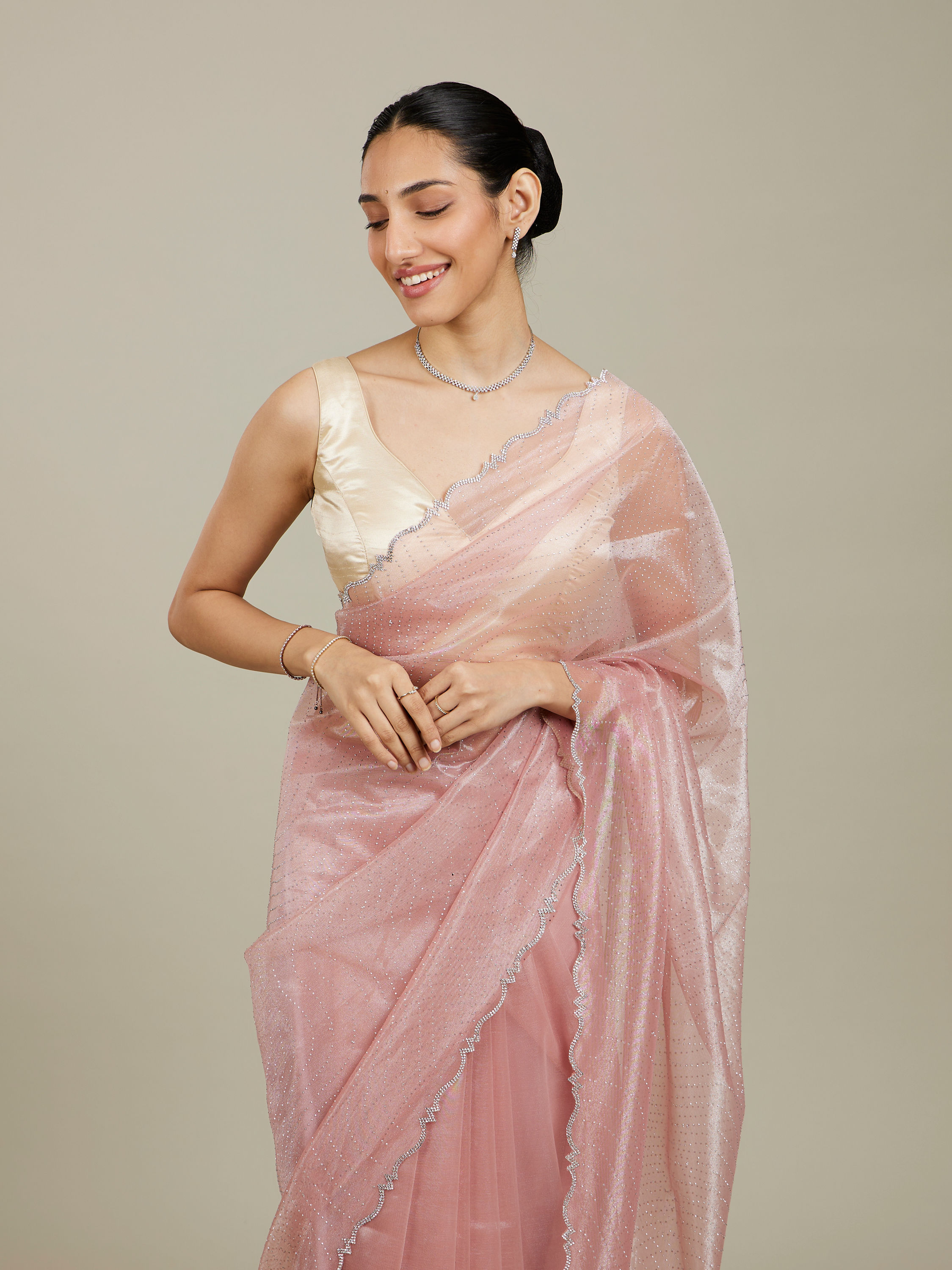 Mohey Women Baby Pink Rhinestone Embellished Saree with Stone Border