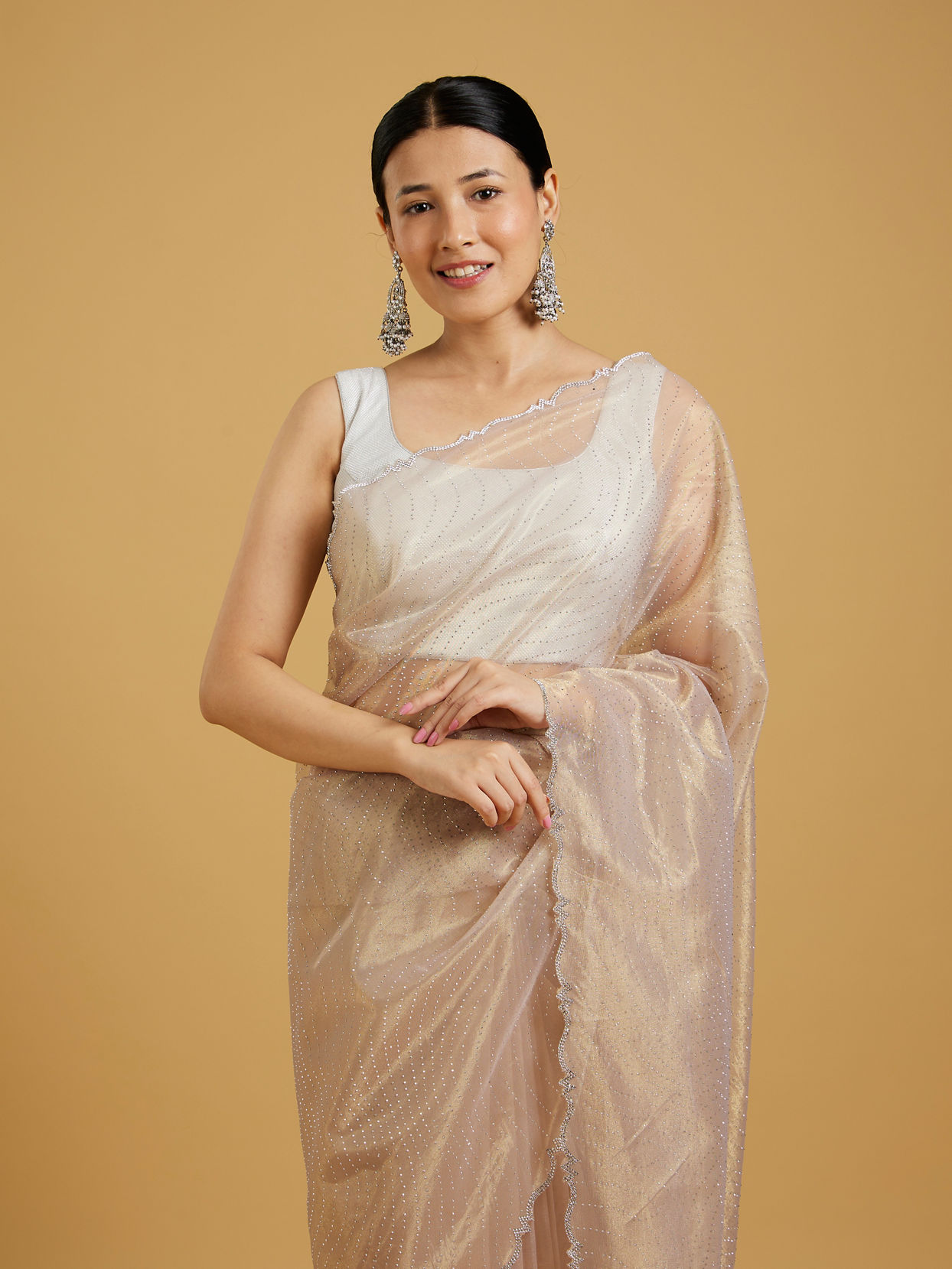Mohey Women Gold Organza Strut Elegance Saree