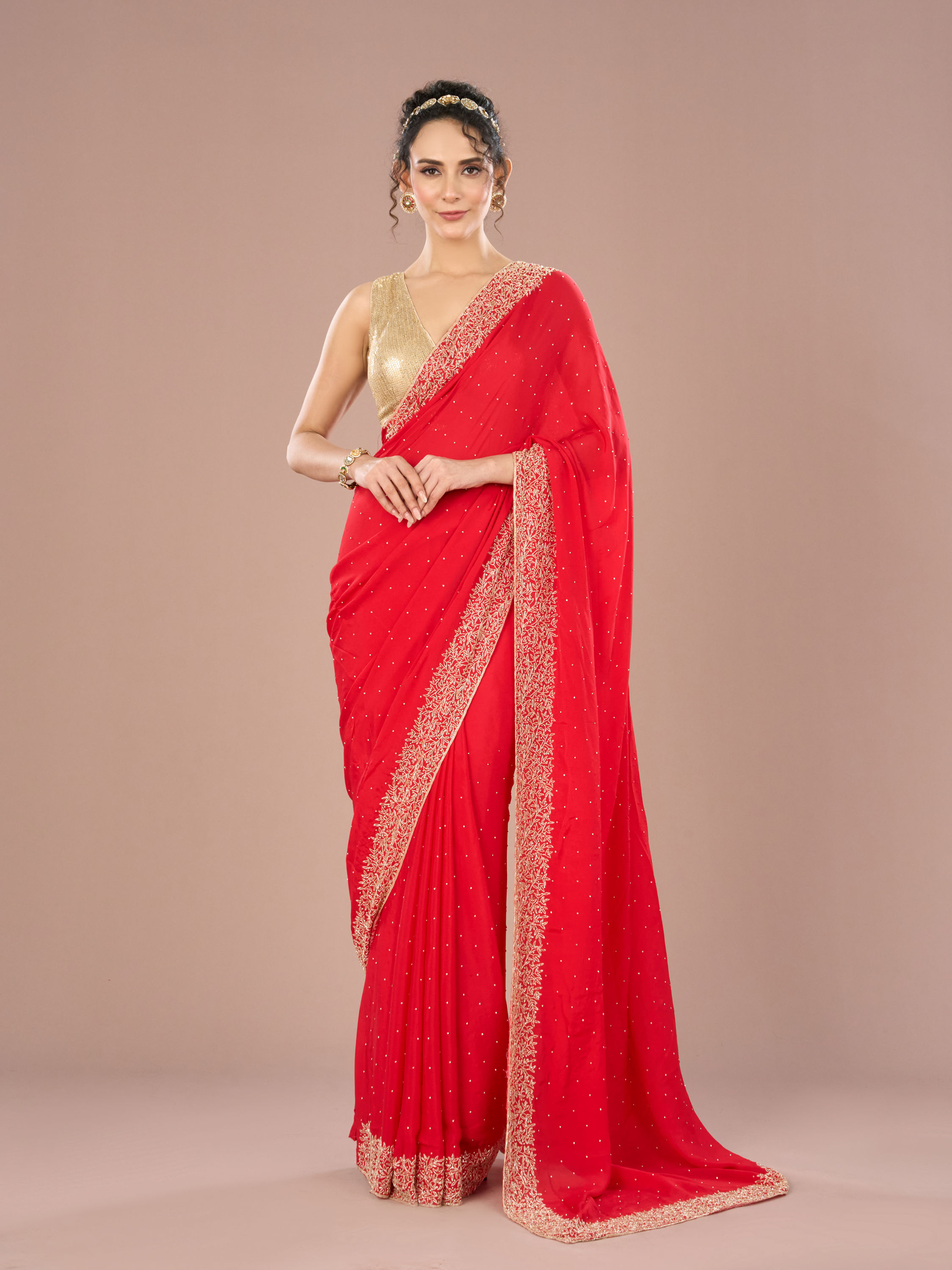 Mohey Women Radiant Red Chinon Saree