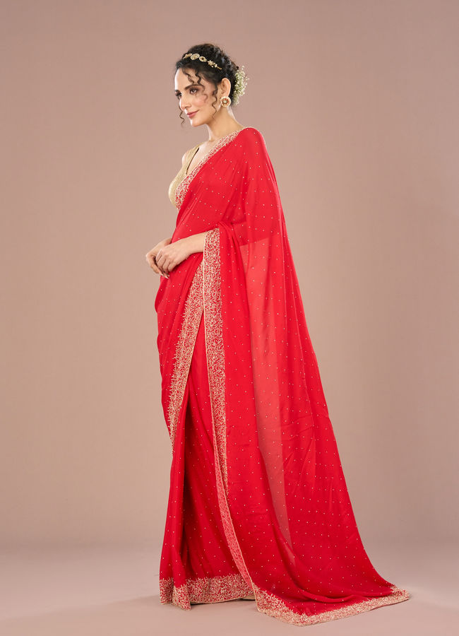 Mohey Women Radiant Red Chinon Saree