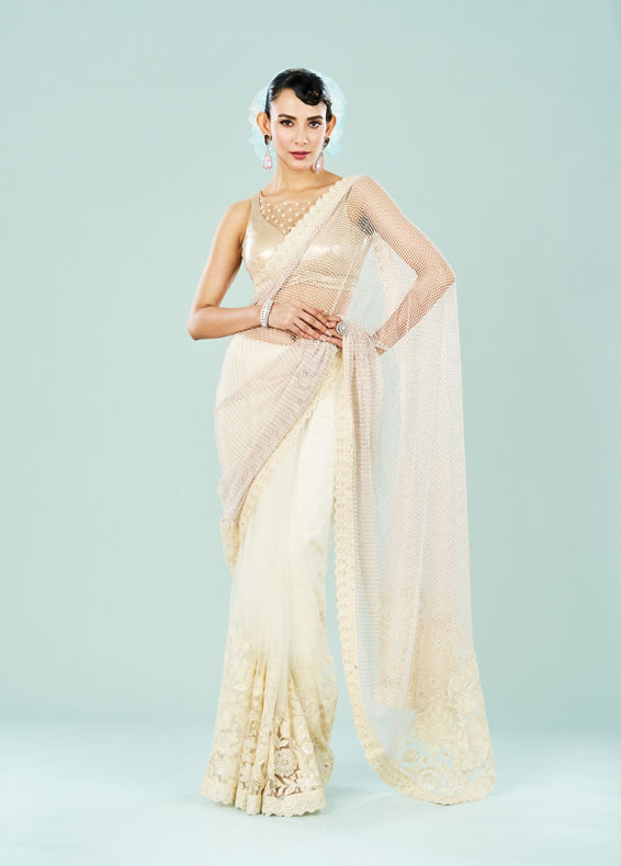 Mohey Women Stylish Cream Knit Saree