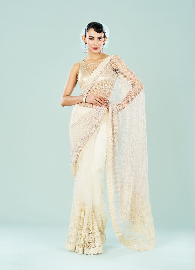Mohey Women Stylish Cream Knit Saree