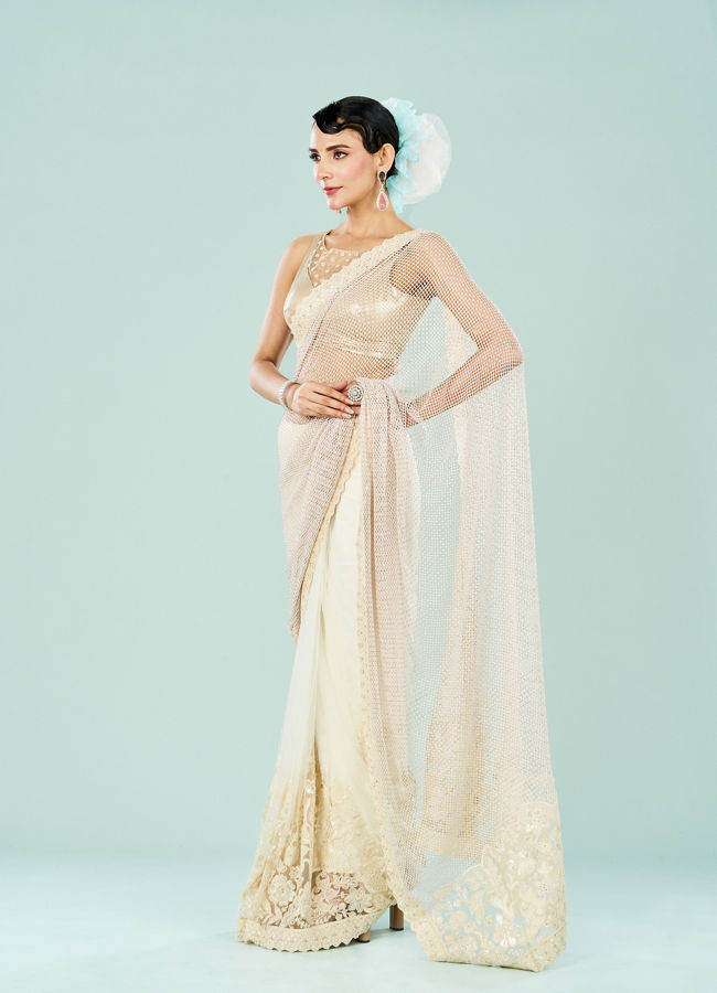 Mohey Women Stylish Cream Knit Saree