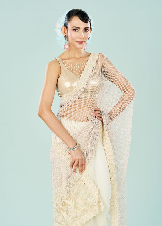 Mohey Women Stylish Cream Knit Saree