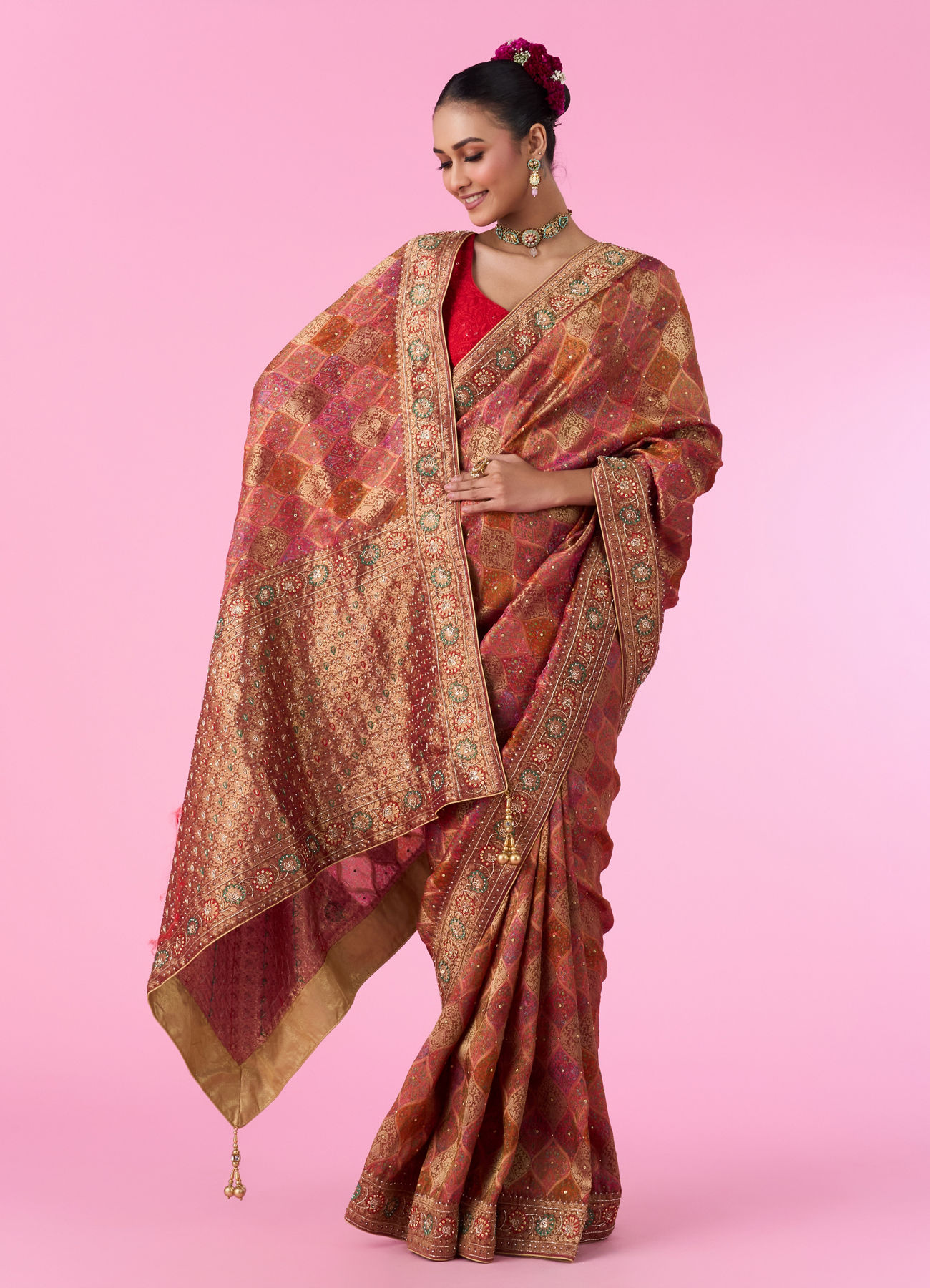 Mohey Women Ravishing Rust Red Bridal Saree