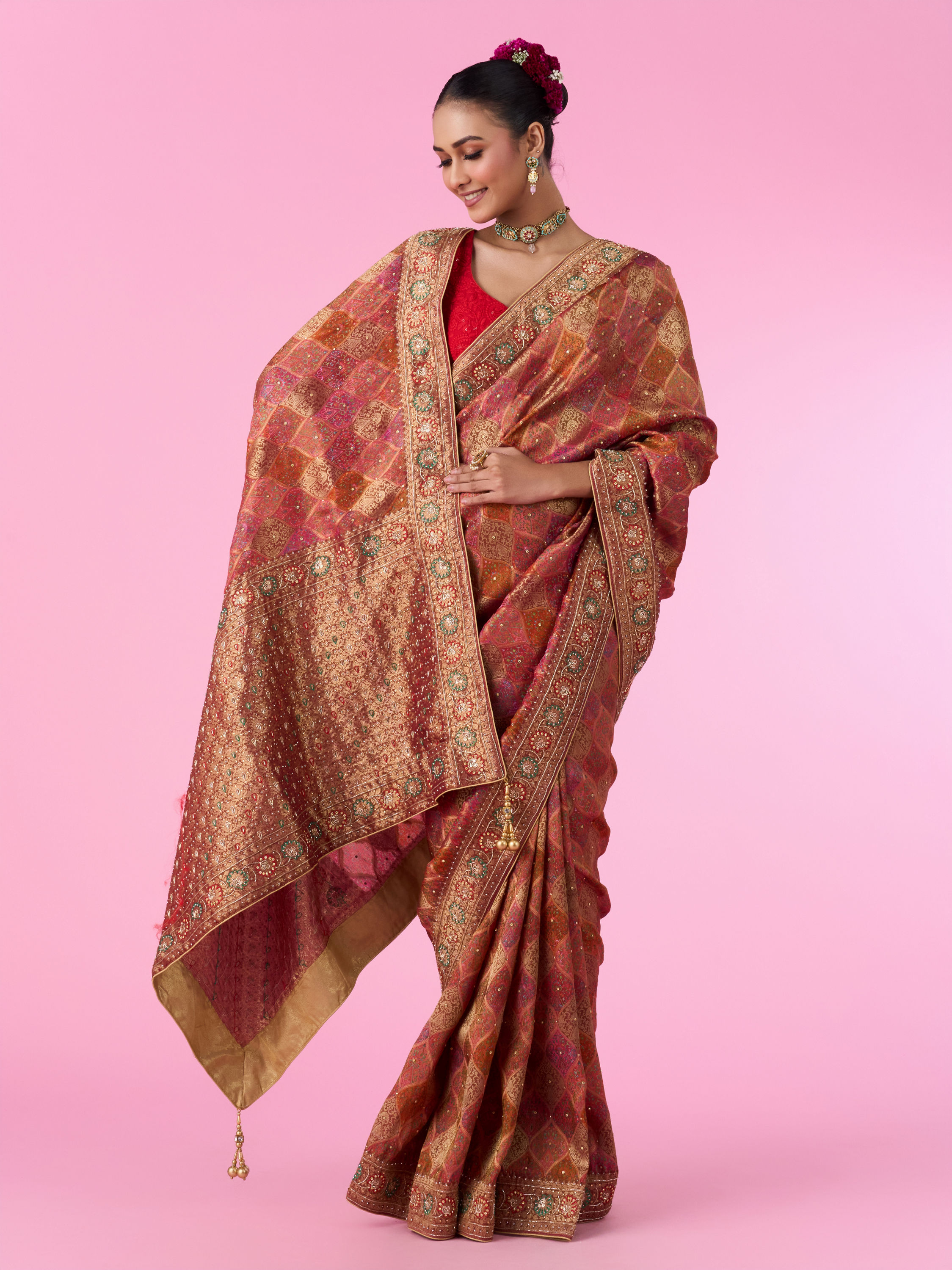 Mohey Women Ravishing Rust Red Bridal Saree