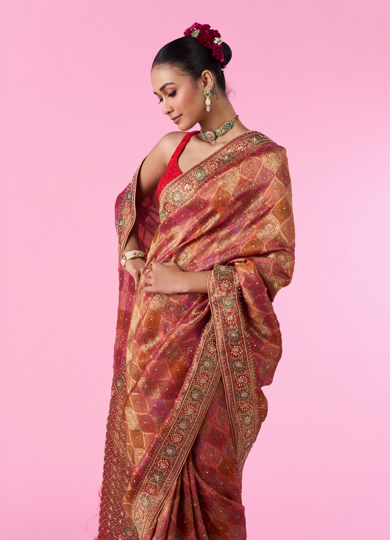 Mohey Women Ravishing Rust Red Bridal Saree