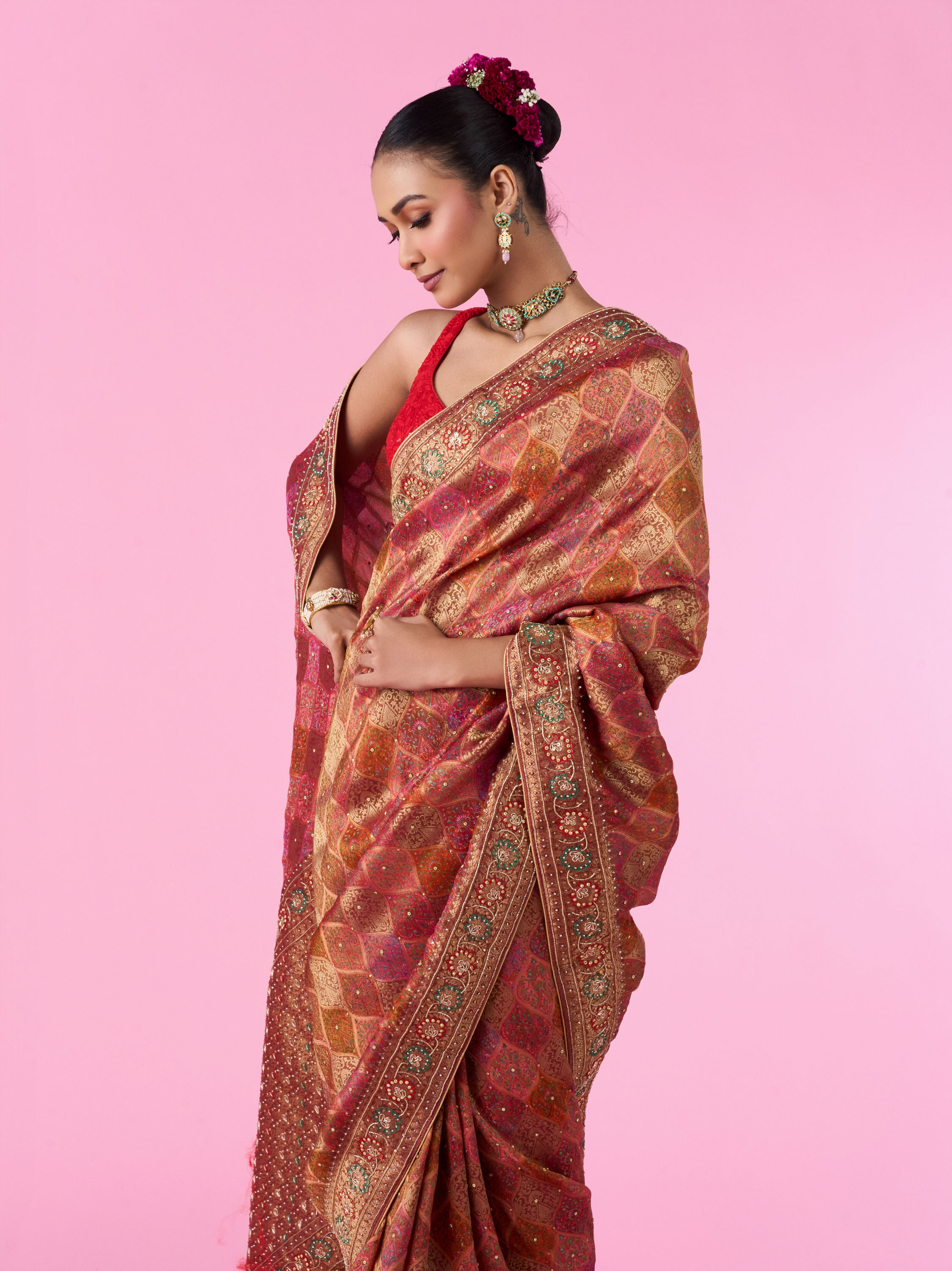 Mohey Women Ravishing Rust Red Bridal Saree