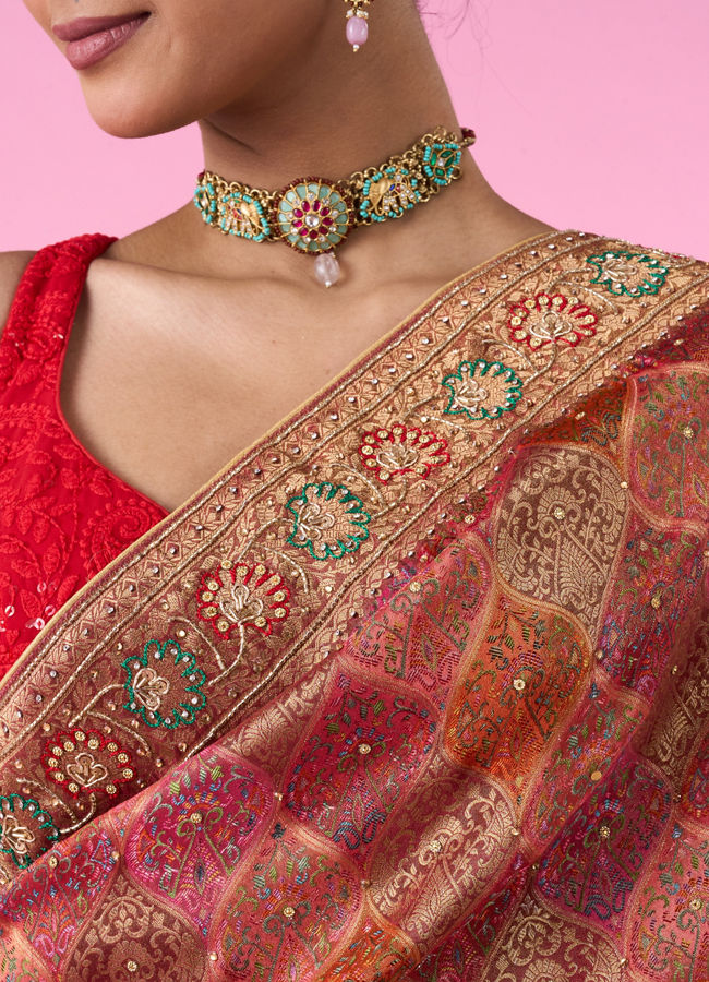 Mohey Women Ravishing Rust Red Bridal Saree