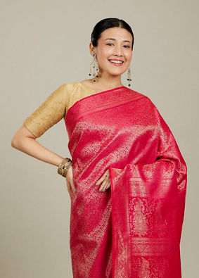 Mohey Women Rani Pink Floral Jaal Patterned Saree with Bel Buti Borders