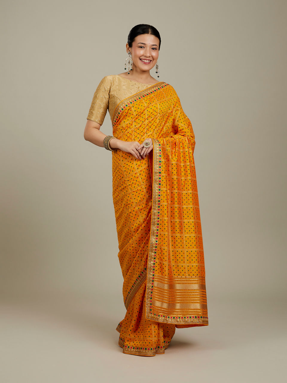 Mohey Women Mustard Yellow Linear Patterned Bandhani Saree with Rhinestone Work
