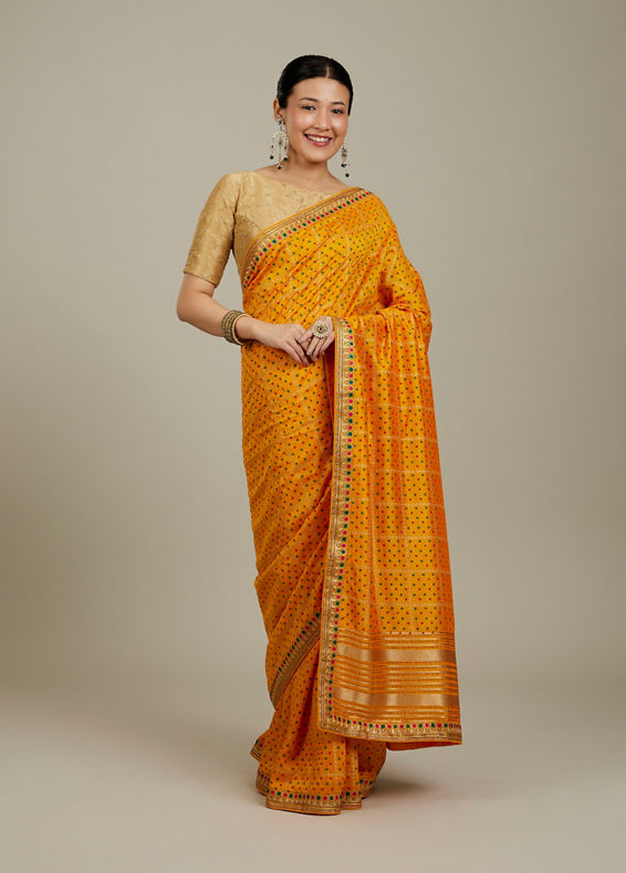 Mohey Women Mustard Yellow Linear Patterned Bandhani Saree with Rhinestone Work