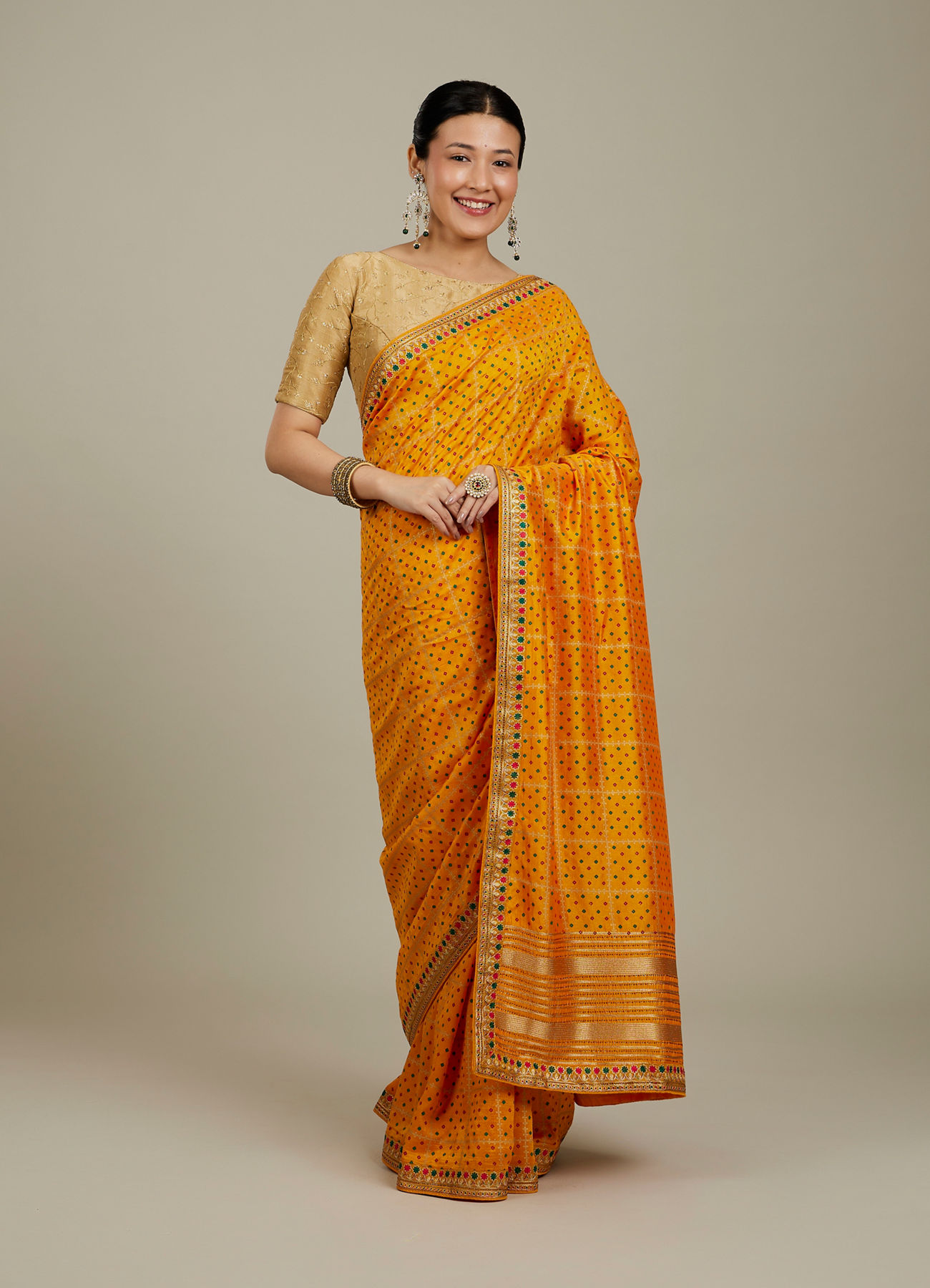 Mohey Women Mustard Yellow Linear Patterned Bandhani Saree with Rhinestone Work