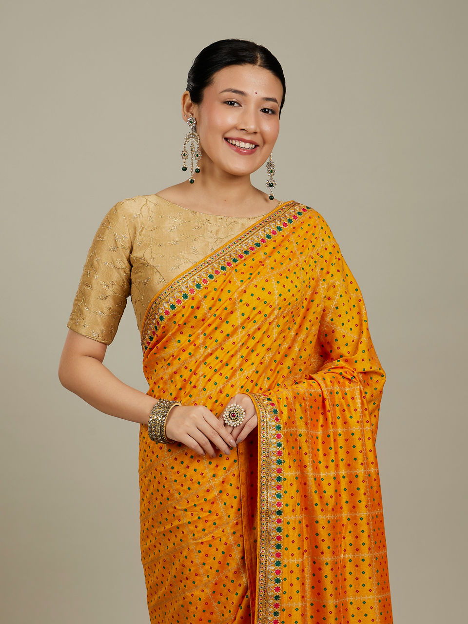 Mohey Women Mustard Yellow Linear Patterned Bandhani Saree with Rhinestone Work