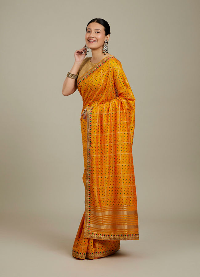 Mohey Women Mustard Yellow Linear Patterned Bandhani Saree with Rhinestone Work