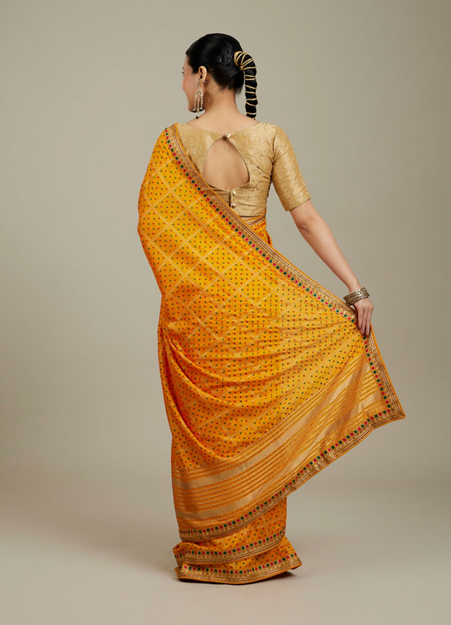 Mohey Women Mustard Yellow Linear Patterned Bandhani Saree with Rhinestone Work