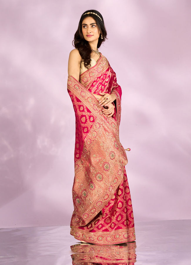 Mohey Women Pink Art Silk Bridal Saree