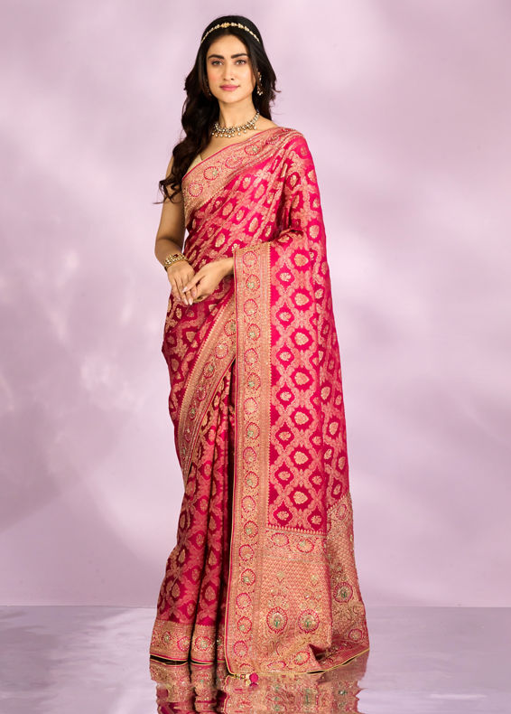 Mohey Women Pink Art Silk Bridal Saree