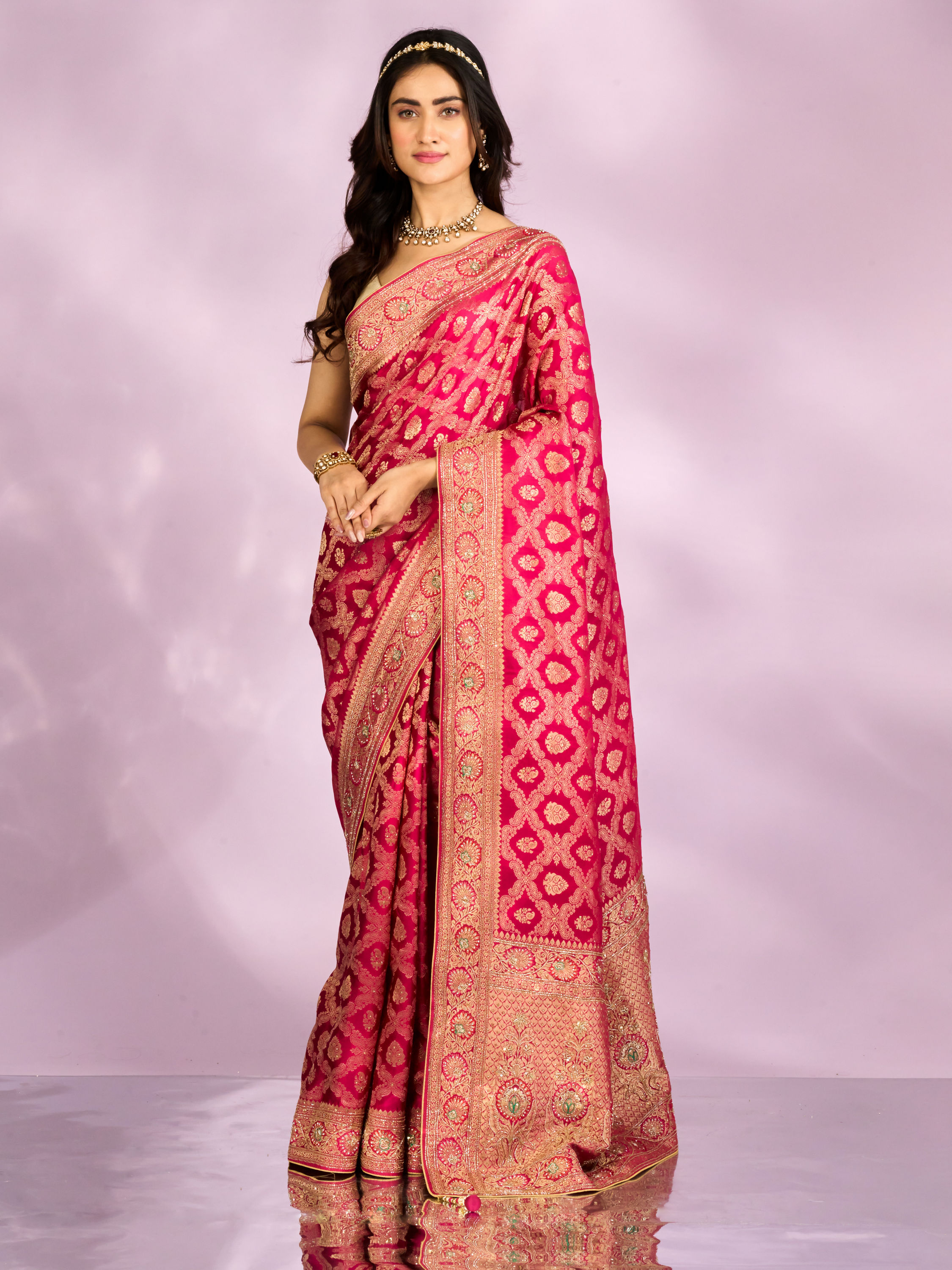 Mohey Women Pink Art Silk Bridal Saree