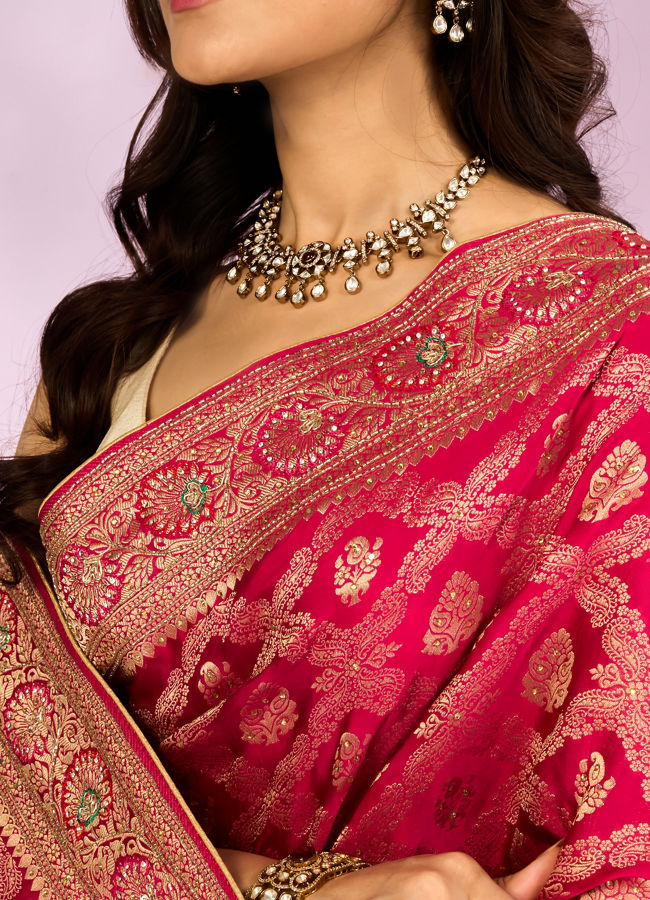 Mohey Women Pink Art Silk Bridal Saree