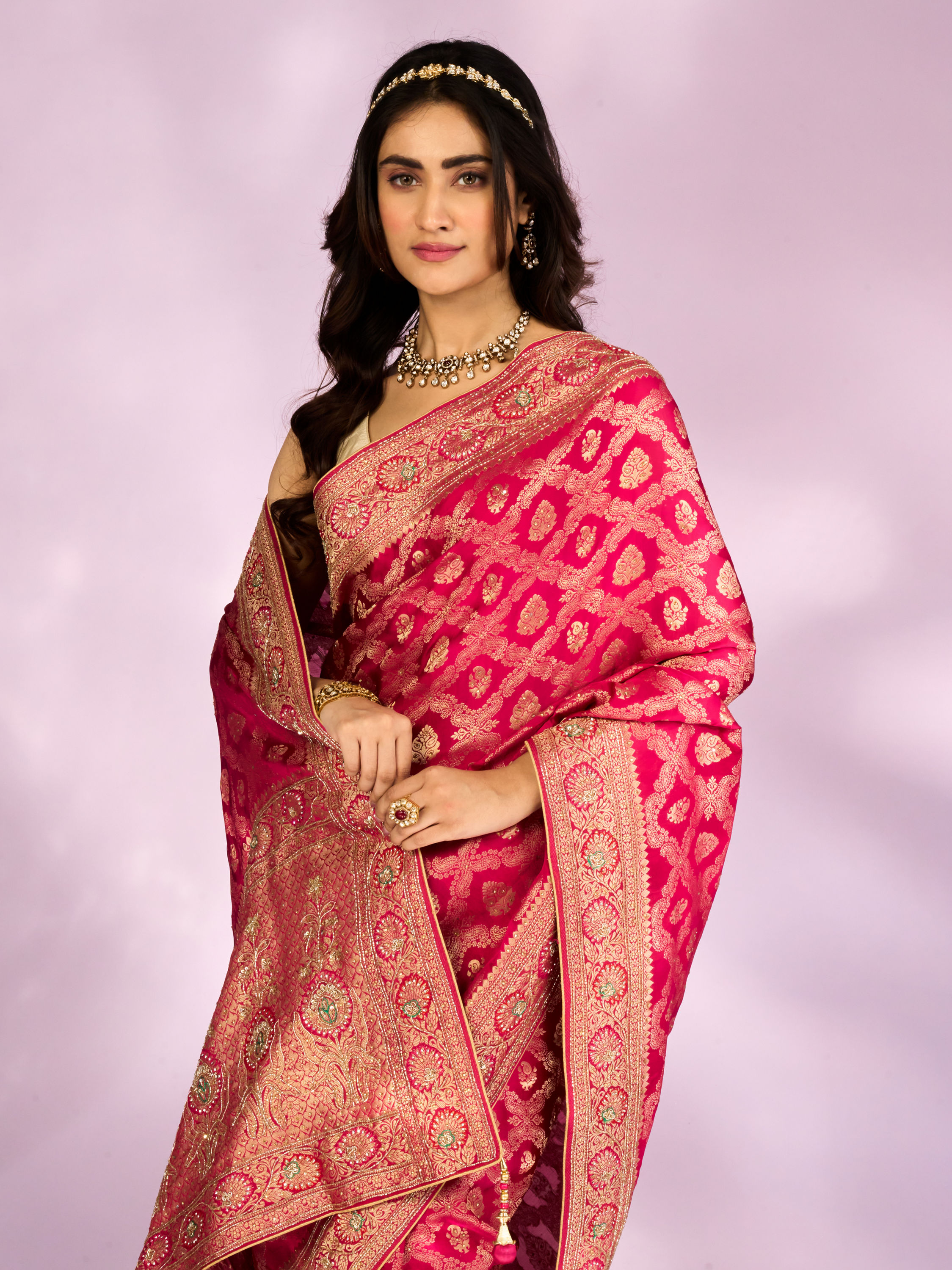 Mohey Women Pink Art Silk Bridal Saree