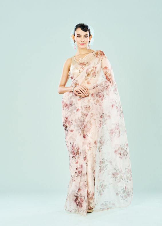Mohey Women Organza Cream Radiance Saree