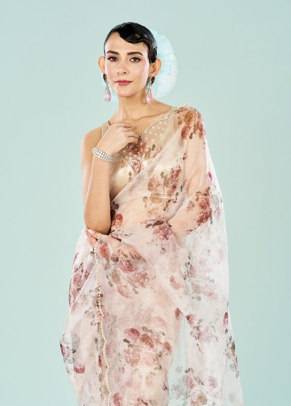 Mohey Women Organza Cream Radiance Saree