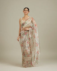 Mohey Women Soft Cream Floral Printed Saree with Scalloped Rhinestone Border