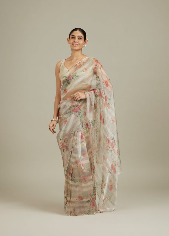 Mohey Women Soft Cream Floral Printed Saree with Scalloped Rhinestone Border